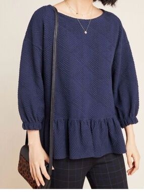Anthropologie Maeve Textured Peplum Long Sleeve Top - Navy size medium